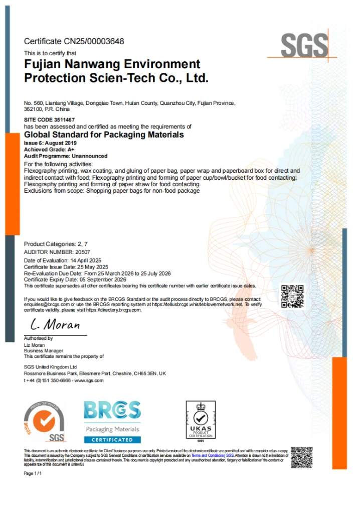 Nanwang BRCGS Certificate