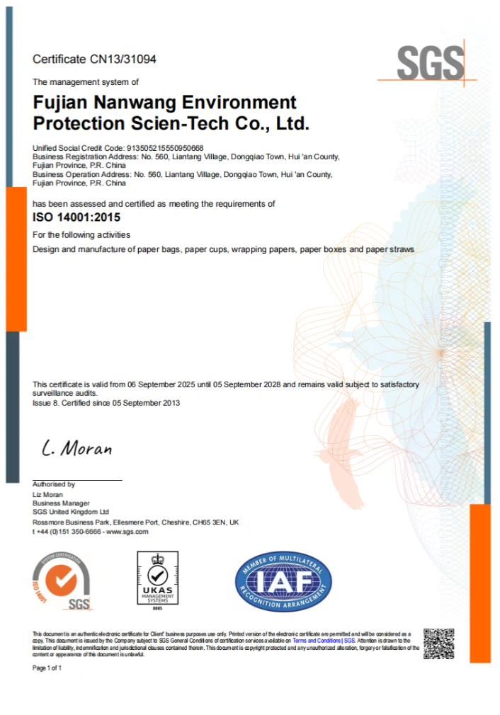 Nanwang ISO14001 Certificate
