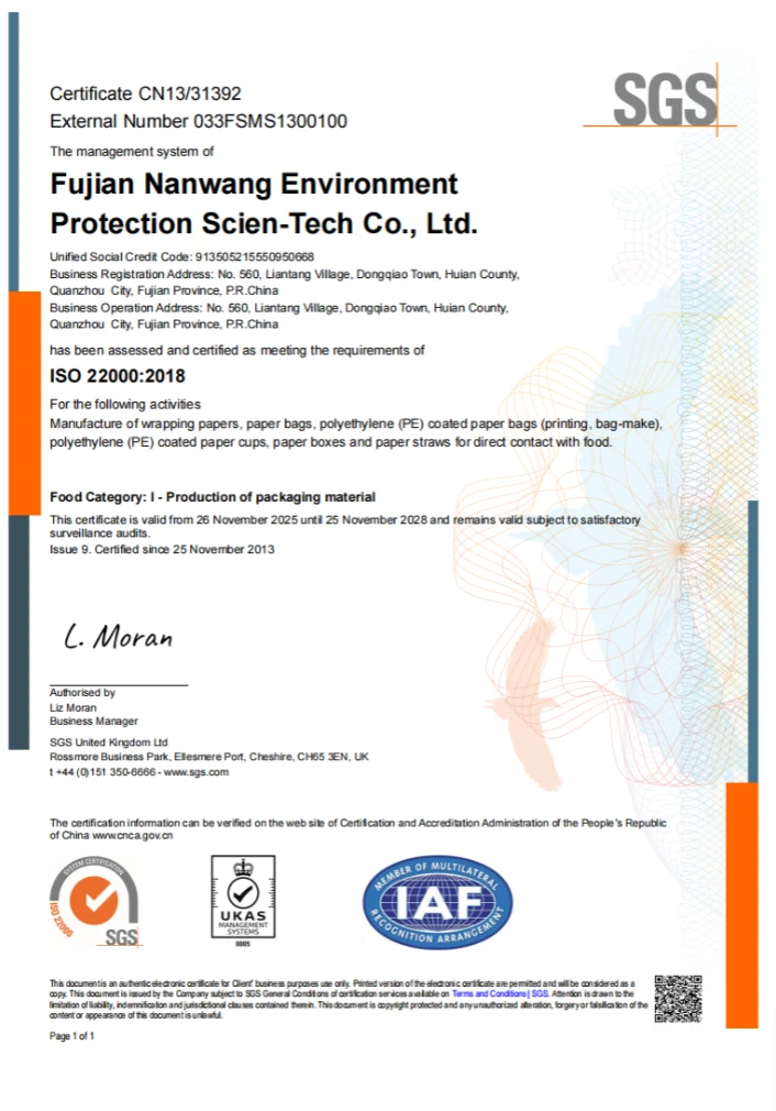 Nanwang ISO22000 Certificate